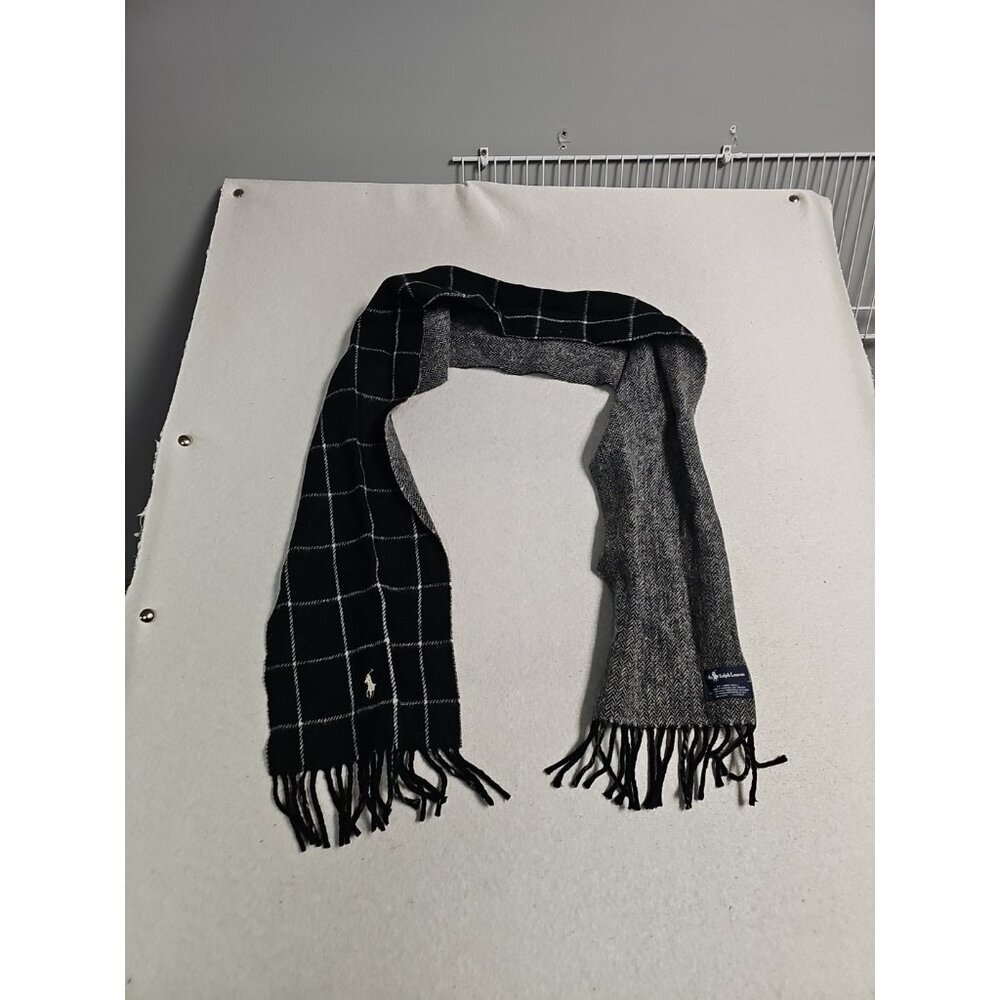 Polo Ralph Lauren Gray Black Herringbone Check Lambswool Scarf Italy 10x64